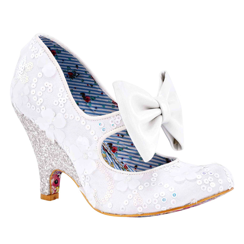 White sequin bridal shoe with oversized white bow and glitter high heel