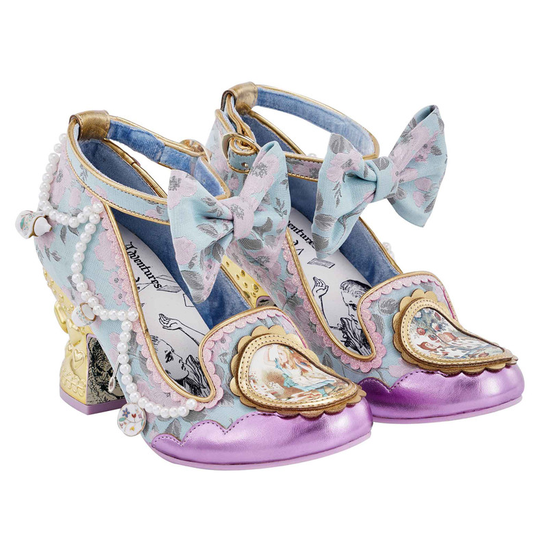 Eat Me- Pale blue and pink high mid heeled shoes with gold sculpted heels.