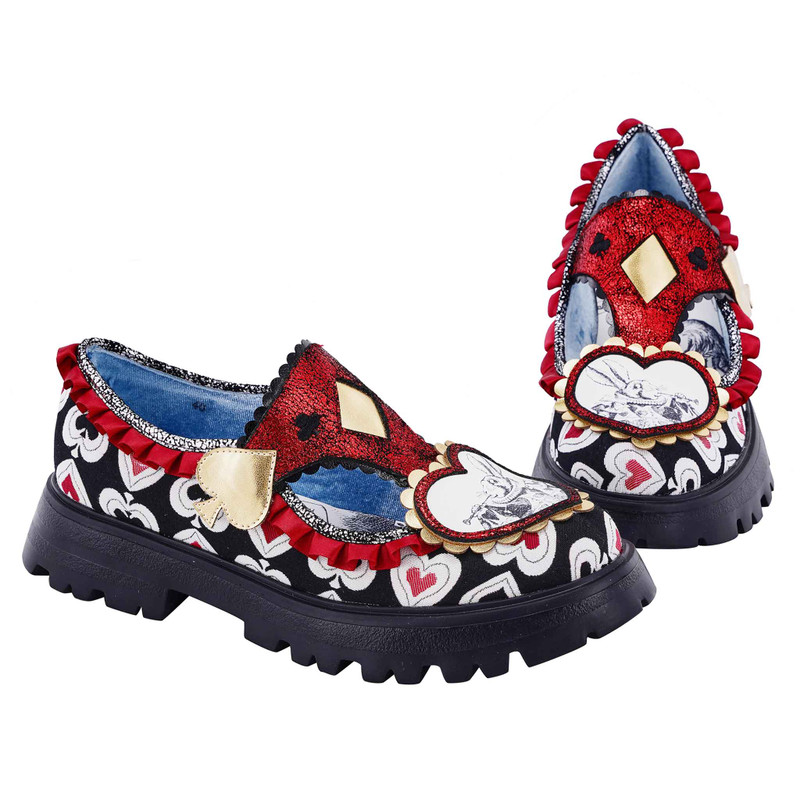 Down The Rabbit Hole- Black patterned t bar chunky loafer shoes.