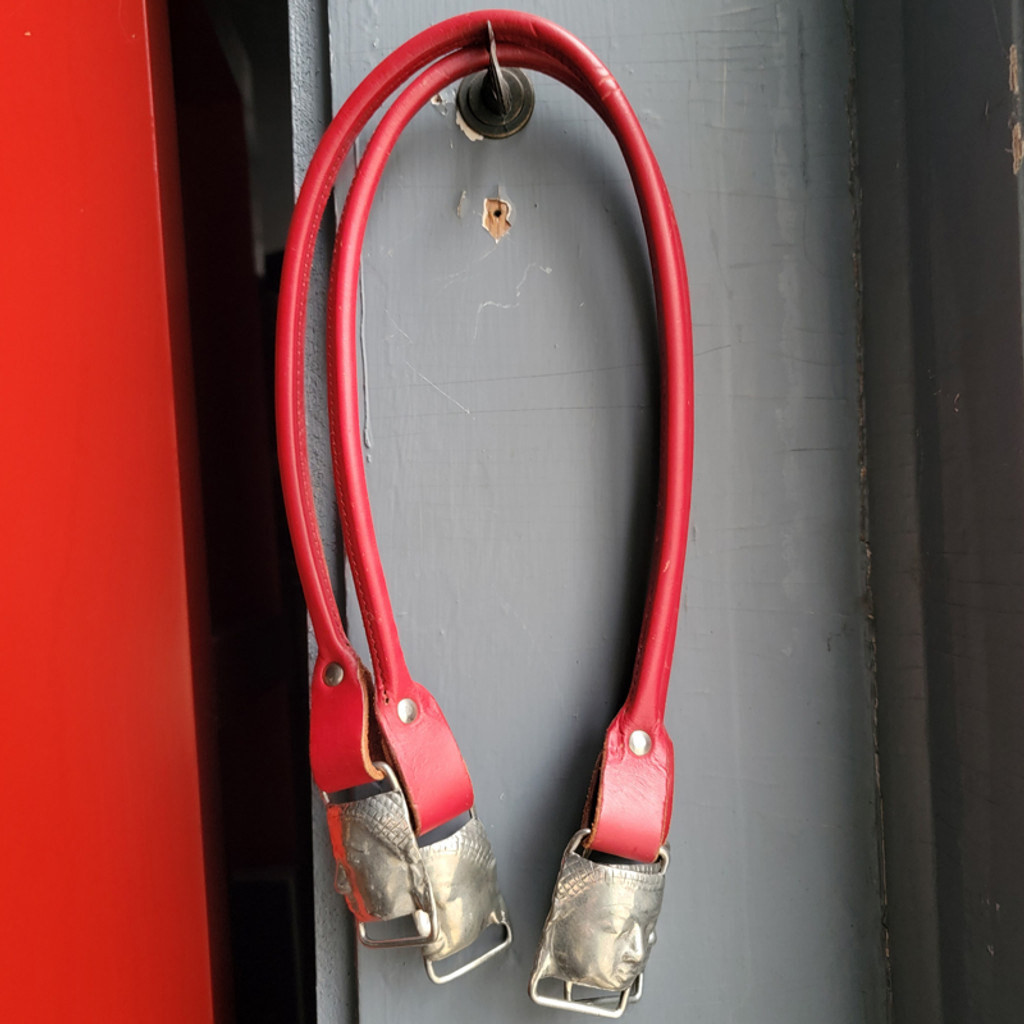 Crimson Rolled Leather Handles - 25 inch with Buddha Rings