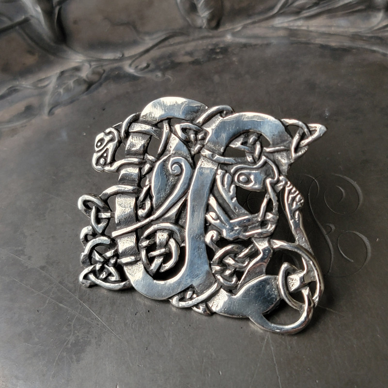 Celtic Illuminated A with Dog and Bird Stud Brooch - Glossy