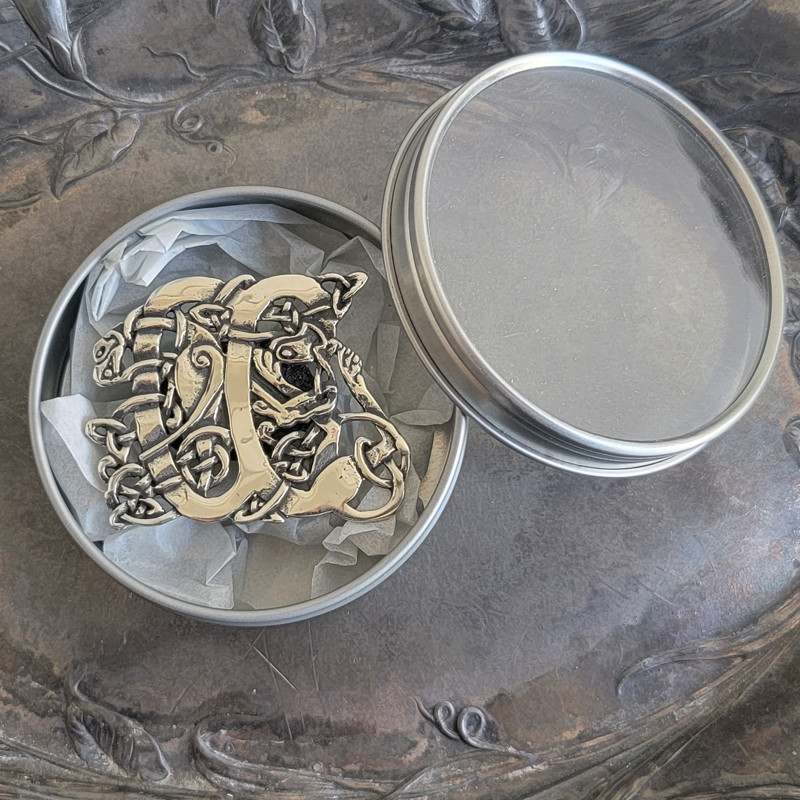 Celtic Illuminated A with Dog and Bird Stud Brooch - Glossy