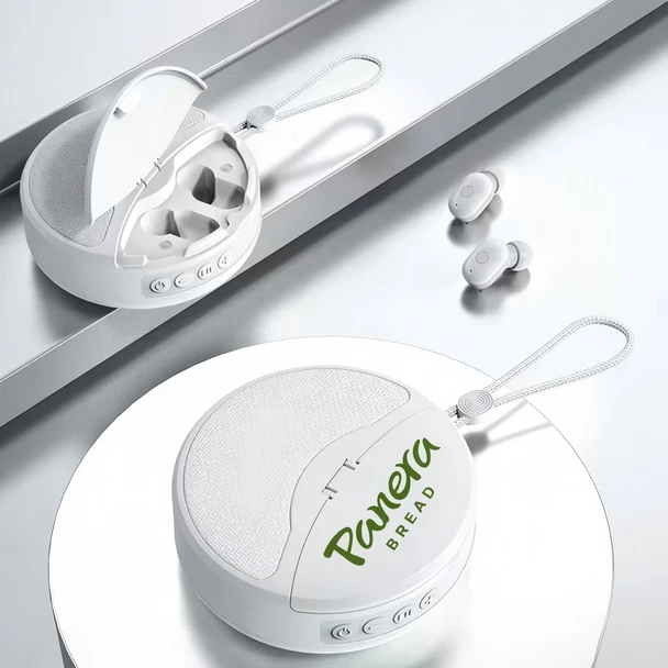 White Wireless Earbuds and Speaker
