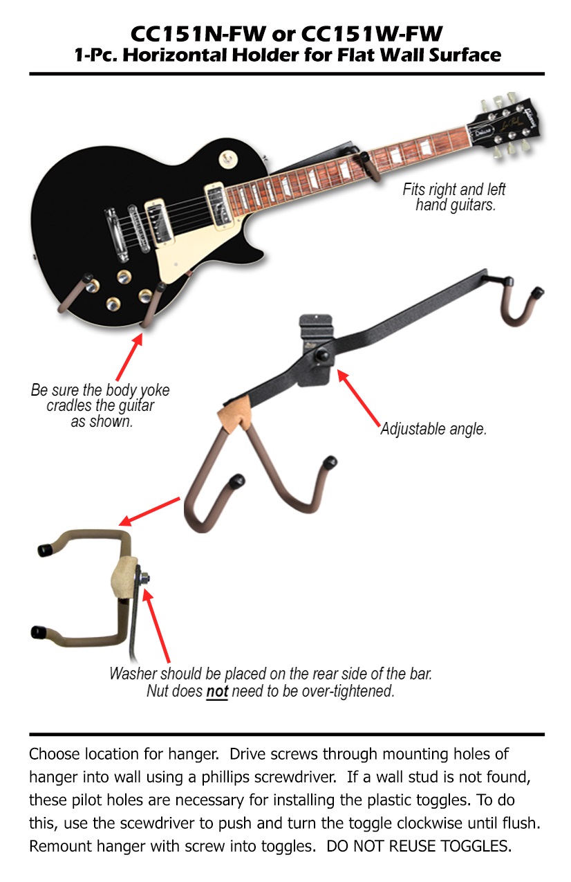 String Swing Soporte para guitarra horizontal de bajo perfil para montaje  en pared plana bajo y guitarras eléctricas, 1 unidad CC151-LPN-FW