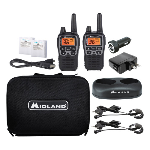 Midland X-TALKER, Pair of Radios with Batteries, DTC and USB Cable Charger, hard shell case, car charger, set of AVP1 headsets