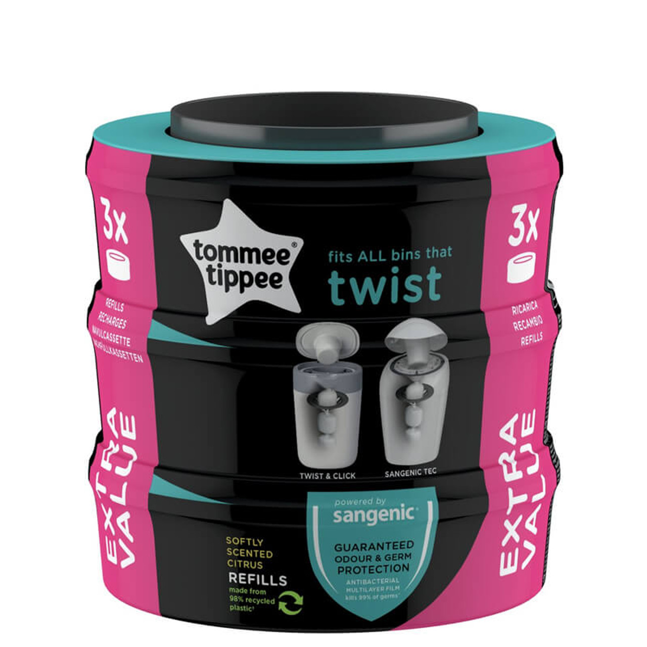 Tommee Tippee Twist & Click Nappy Disposal Bin Plus 1 Free Refill Cassette  - Blue