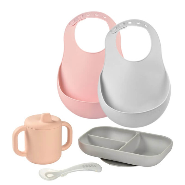 Beaba Silicone Meal Seat And Bibs Bundle - Grey / Pink