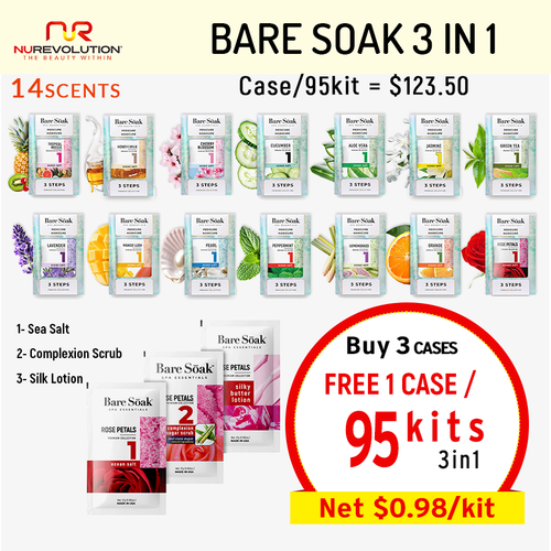 NR Bare Soak 3in1 Case/95 Kits. Buy 3 Free 1 (Net $0.98/kit). Choose your scent