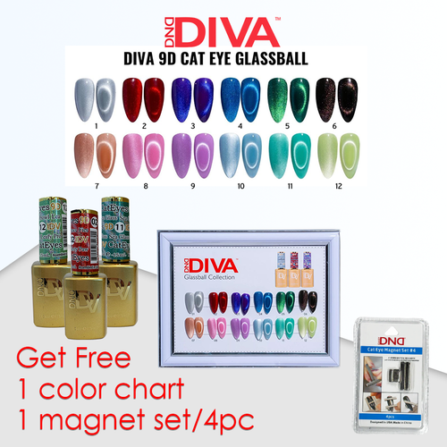 Diva 9D Cat Eye Glass Ball Gel #1-#12=12 colors x $7.50, 1 Magnet Set/4pcs, 1 Chart