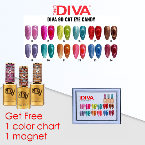 Diva 9D Cat Eye Candy Gel #13-#24=12 colors x $7.50, 1 Magnet, 1 Chart