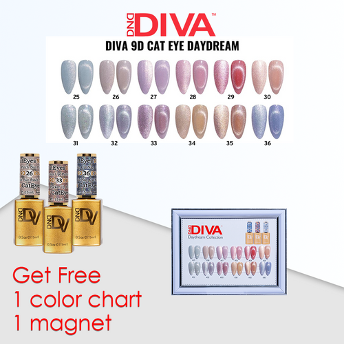 Diva 9D Cat Eye Daydream Gel #25-#36=12 colors x $7.50, 1 Magnet, 1 Chart