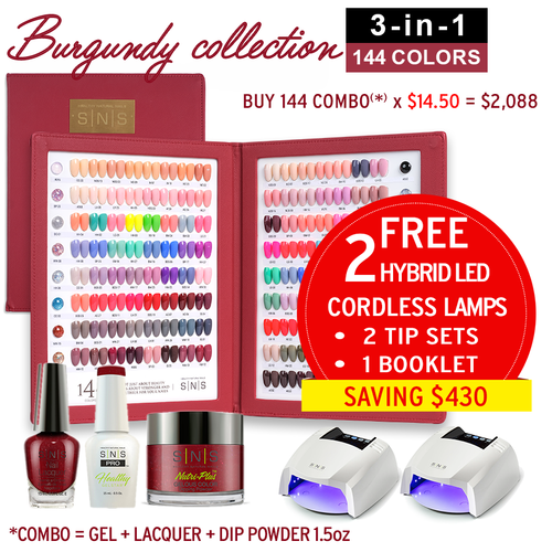 3in1 SNS Pro Burgundy Combo Set #001 - #144 = 144 colors, Free Gifts Value $430