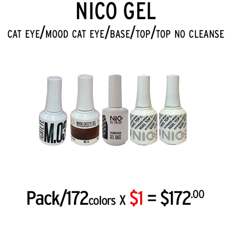 NICo Gel Cat Eye/Mood Cat Eye/Base/Top/Top No Cleanse Prepacked/172 pc x $1 (Clearance)