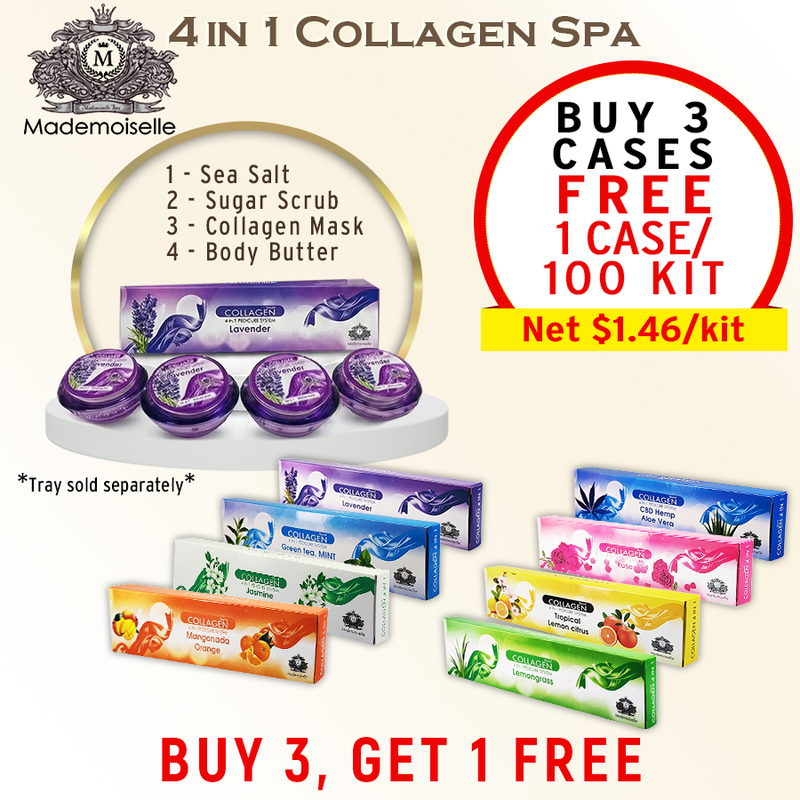 Mademoiselle Collagen Spa 4in1 Case/100kit, Buy 3 Case x $194. Free 1 = 4 Cases (Net $1.46/Kit)