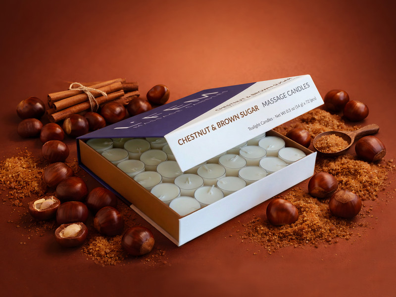 L'Fem Massage Candle Tealight .5oz. Box/72pcs - Chestnut & Brown Sugar