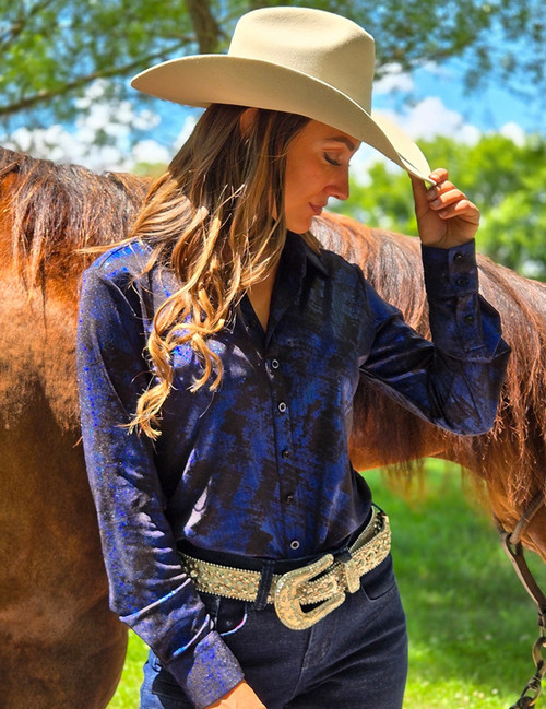 Pullover Button Up (Royal Blue Iridescent Swishes Over Black Lightweight Jersey High Stretch)