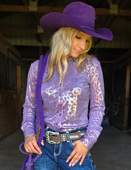 Pullover Button Up (Soft Lavender Metallic Leopard Shimmer Lightweight High Stretch Jersey)