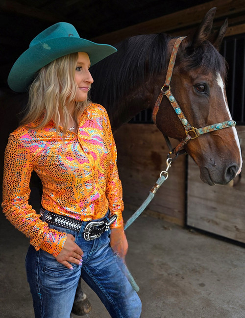 Pullover Button Up (Bright Orange With Iridescent Colorful Print Lightweight And High Stretch)