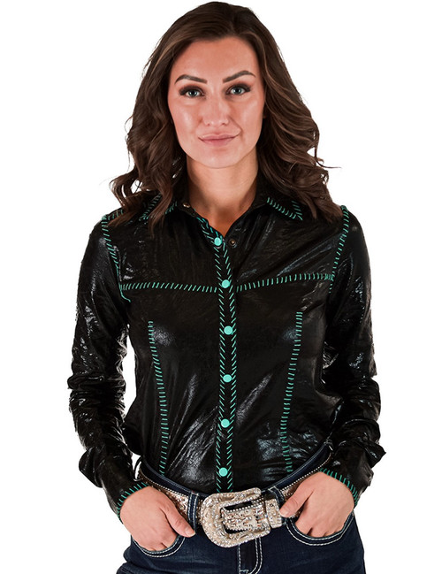 Pullover Button Up (Black Faux Leather With Turquoise Embroidery Lightweight Stretch)