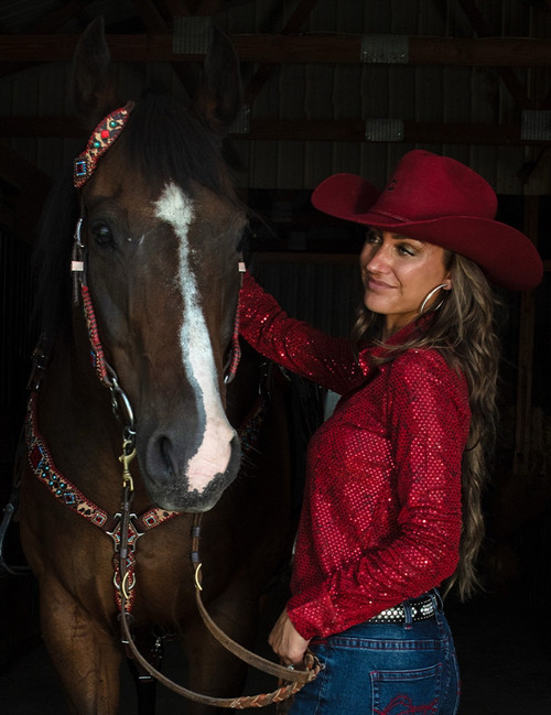 Pullover Button Up (Red Lightweight Metallic Snakeskin Bling)