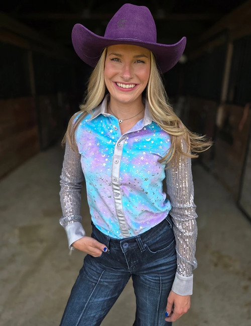 Purple & Teal Tie Dye Velour With Silver Stars Sparkles & Silver Sequin Sheer Sleeves Pullover Button Up