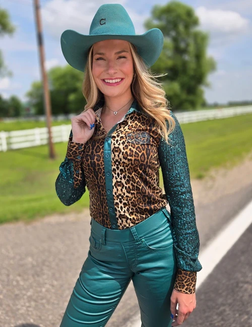 Leopard Jersey & Emerald Satin With Emerald Sequin Sheer Sleeves Pullover Button Up