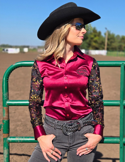 Ruby Red Satin With Sheer Velvet Sleeves Pullover Button Up - War Bar Tack