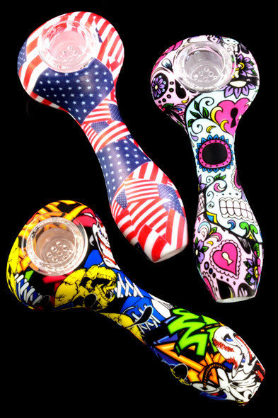 Silicone Decal Hand Pipe with Glass Bowl - P2052