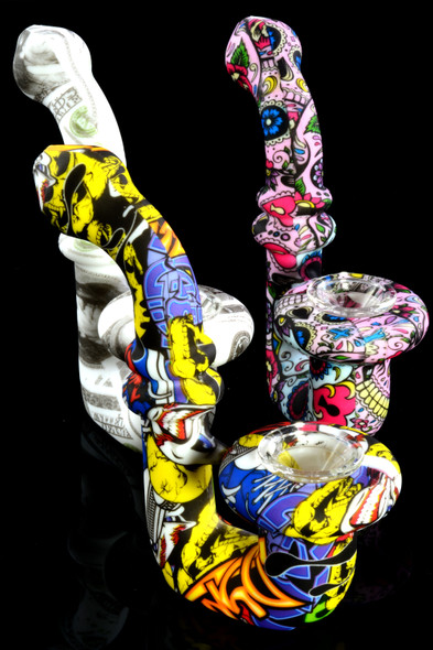 Decal Print Silicone Sherlock Hand Pipe with Glass Bowl - P2114
