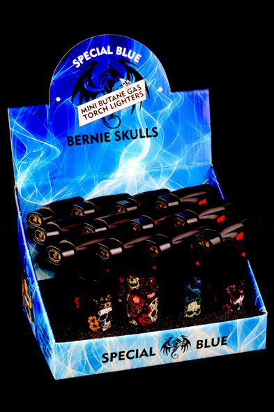 12 Pc Special Blue Bernie Skulls Plastic Torch Lighter Display - L0240