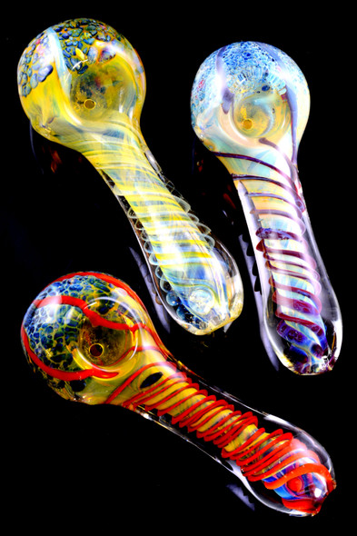 Color Changing Multicolor Frit Spiral Striped Glass Pipe - P2360
