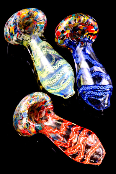 Small Multicolor Striped Silver Fumed Confetti Frit Glass Pipe - P2459