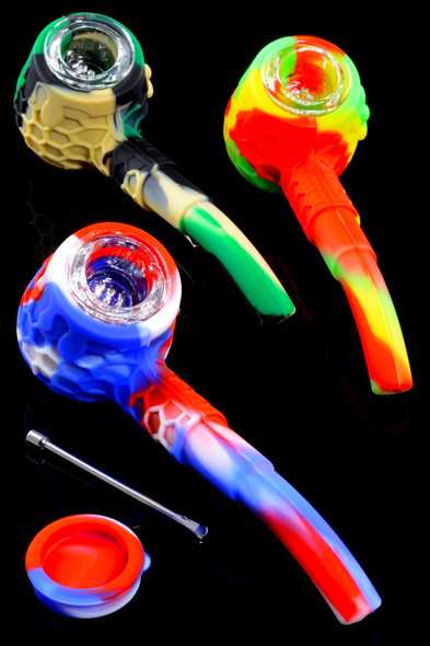 Colorful Silicone Glass Bowl Sherlock Pipe with Dab Tool and Jar - P2489