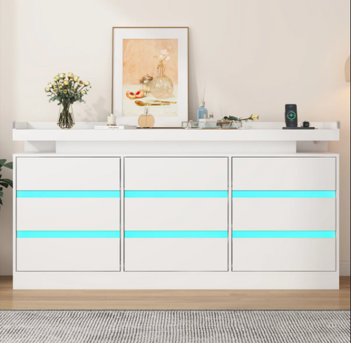 9 Drawer Dresser With LED Light And Charging Station, white. (Already assembled)