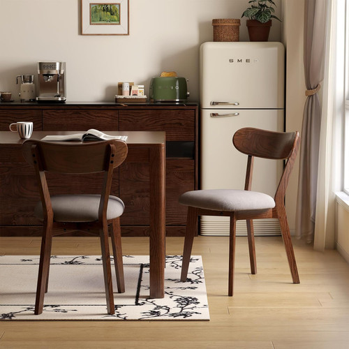 100% Solid Oak Dining Chairs, Mid Century Modern Dining Chair with Curved Backrest, Fabric Upholstered Dining Chairs for Kitchen, Study, Living Room (2, Walnut Wood-Gray Cushion).