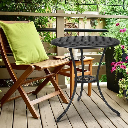 24" Cast Aluminum Patio Bistro Table with Umbrella Hole, Outdoor Round Coffee Bistro Side Table, Anti-Rust Outdoor Furniture for Backyard, Garden, Porch, Pool, Balcony, Black. 24" Cast Aluminum Patio Bistro Table with Umbrella Hole, Outdoor Round Coffee Bistro Side Table, Anti-Rust Outdoor Furniture for Backyard, Garden, Porch, Pool, Balcony, Black.
