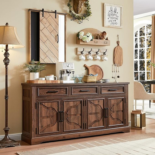 66" Large Buffet Sideboard Cabinet with 4 Doors and 3 Drawers, Buffet Table Coffee Bar Wine Bar Storage Cabinet for Dining Room, Living Room, Hallway, Dark Brown. 66" Large Buffet Sideboard Cabinet with 4 Doors and 3 Drawers, Buffet Table Coffee Bar Wine Bar Storage Cabinet for Dining Room, Living Room, Hallway, Dark Brown.