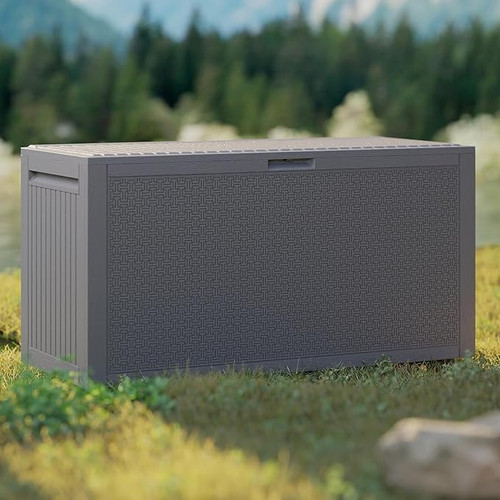 90 Gallon Outdoor Storage Box, Lockable Package Outside Storage Box Waterproof, Patio Cushions Deck Storage Boxes, Rattan Plastic Garden Hose Containers Resin Pool Storage Bins with lids, Grey. 90 Gallon Outdoor Storage Box, Lockable Package Outside Storage Box Waterproof, Patio Cushions Deck Storage Boxes, Rattan Plastic Garden Hose Containers Resin Pool Storage Bins with lids, Grey.