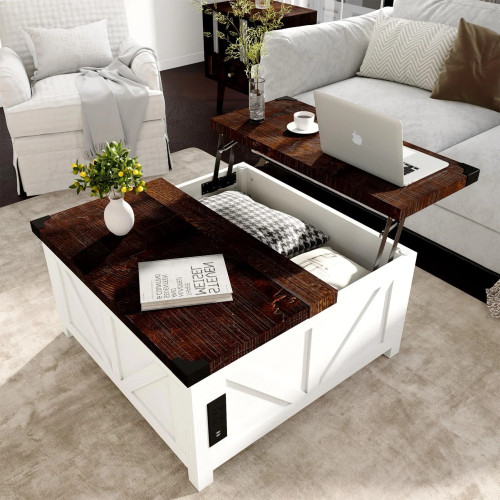 35.6" Square Lift Top Coffee Table, Farmhouse Coffee Table with Storage & Charging Ports, Wood Center Table w/Large Hidden Space for Living Room Home Office.