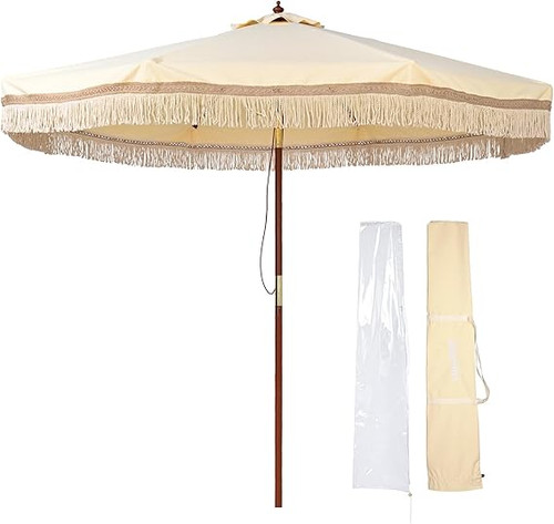 Market Wood Fringe Patio Umbrella with Carry Bag Tassels for Outdoor Event Garden Yard House Wedding Party Deck Poolside Sun Shade Parasol. Market Wood Fringe Patio Umbrella with Carry Bag Tassels for Outdoor Event Garden Yard House Wedding Party Deck Poolside Sun Shade Parasol.
