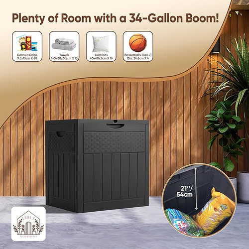 33 Gallon Deck Box, Small Outdoor Storage Box Waterproof, Lockable Secure Package Bin Delivery Box for Outside Front Porch, Patio Cushions Storage Box, Delivery Driver Snack Box for Porch, Black. 33 Gallon Deck Box, Small Outdoor Storage Box Waterproof, Lockable Secure Package Bin Delivery Box for Outside Front Porch, Patio Cushions Storage Box, Delivery Driver Snack Box for Porch, Black.