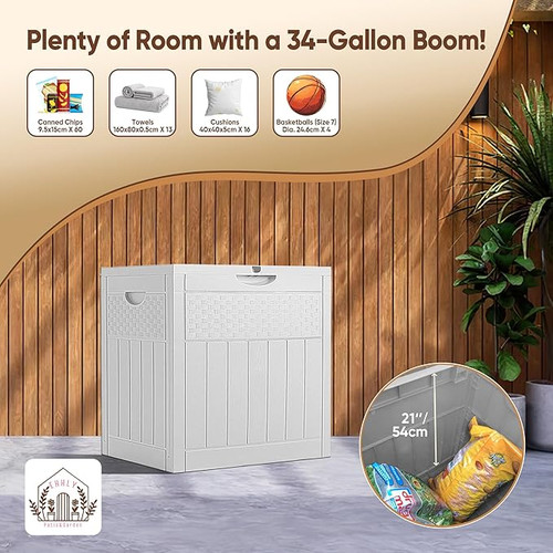 33 Gallon Deck Box, Small Outdoor Storage Box Waterproof, Lockable Secure Package Bin Delivery Box for Outside Front Porch, Patio Cushions Storage Box, Delivery Driver Snack Box for Porch, White. 33 Gallon Deck Box, Small Outdoor Storage Box Waterproof, Lockable Secure Package Bin Delivery Box for Outside Front Porch, Patio Cushions Storage Box, Delivery Driver Snack Box for Porch, White.