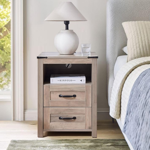 Farmhouse Nightstand without Charging Station & Drawers, Grey Wood Bedside Table, End Table with 2 Storage Drawers & USB Ports for Bedroom, DormGrey. Farmhouse Nightstand without Charging Station & Drawers, Grey Wood Bedside Table, End Table with 2 Storage Drawers & USB Ports for Bedroom, DormGrey.
