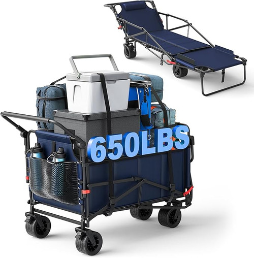 Heavy Duty Folding Wagon - 2-in-1 Collapsible Cart, 650lb Capacity, All-Terrain Wheels w/Brakes & Side Pockets (Blue). Heavy Duty Folding Wagon - 2-in-1 Collapsible Cart, 650lb Capacity, All-Terrain Wheels w/Brakes & Side Pockets (Blue).