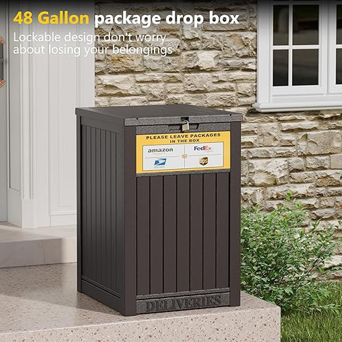 Package Delivery Box for Outside with Sign, 48 Gallon Storage with Lockable Secure, Large Double Wall Resin Outdoor Package Delivery Waterproof. Package Delivery Box for Outside with Sign, 48 Gallon Storage with Lockable Secure, Large Double Wall Resin Outdoor Package Delivery Waterproof.