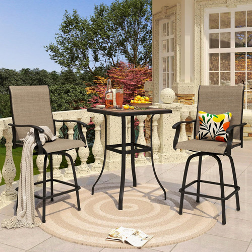 3 PCS Patio Swivel Bar Sets Textilene High Bistro Sets with 2 Outdoor Bar Stools and 1 Square Bar Table, Brown.