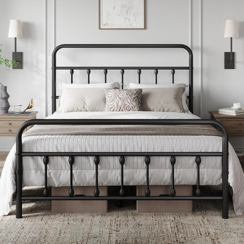 Classic Metal Platform Bed Frame Mattress Foundation with Victorian Style Iron-Art Headboard/Footboard/Under Bed Storage/No Box Spring Needed/Queen Size Black.