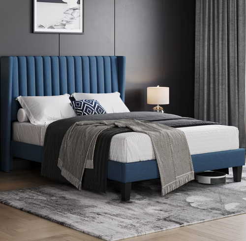 Fabric Upholstered Bed Frame with Wing Side & Wood Slat Support, Navy Blue(Full).
