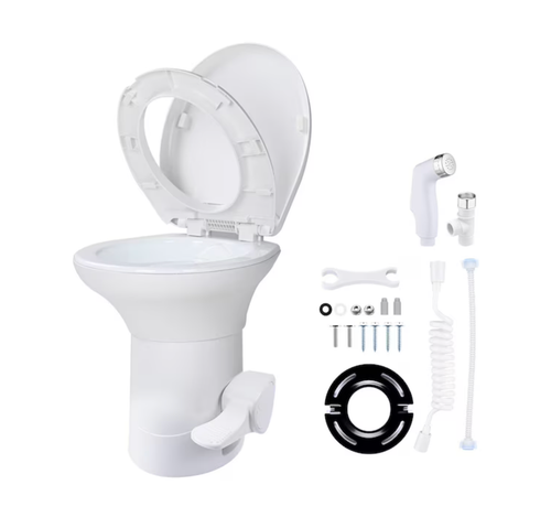 RV Camper Toilet Gravity Flush Enamel Elongated 20-inch High with Bidet Spray Caravan.