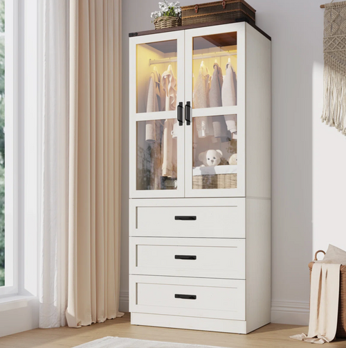 Farmhouse 75"H Glass Door Armoire Wardrobe Closet With LED Light, Freestanding Closet Wardrobe Cabinet For Bedroom With Hanging Rod And 3 Drawers.  (Already assembled)